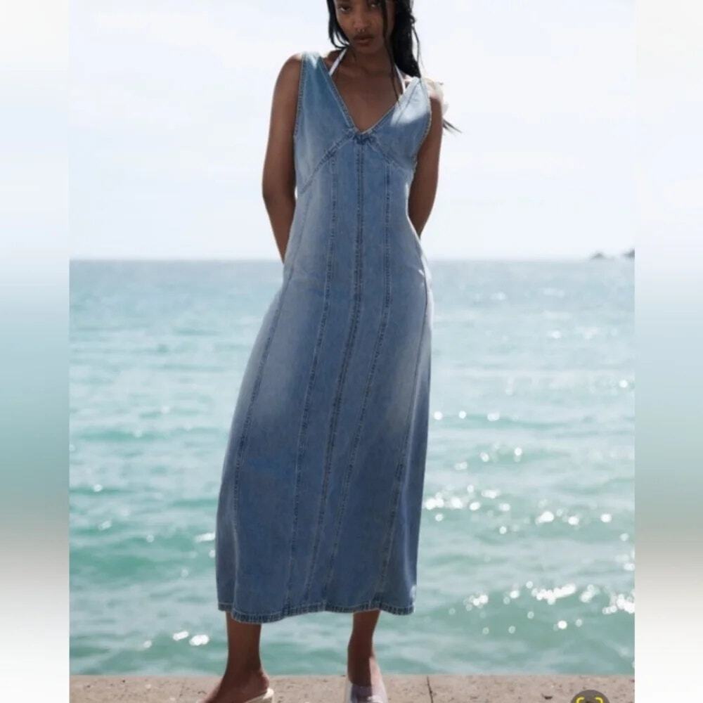 Zara Oversized Denim Seamed V Neck Sleeveless Midi Dress Side Zip Up S Blue Wash - Picture 6 of 16